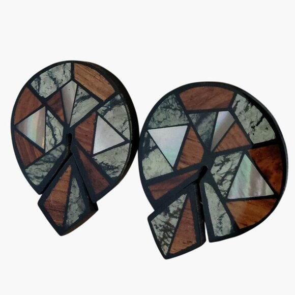 Mosaic Earrings Mother of Pearl Inlaid Wood Shell Earrings Brown Gray Pierced - Picture 1 of 5